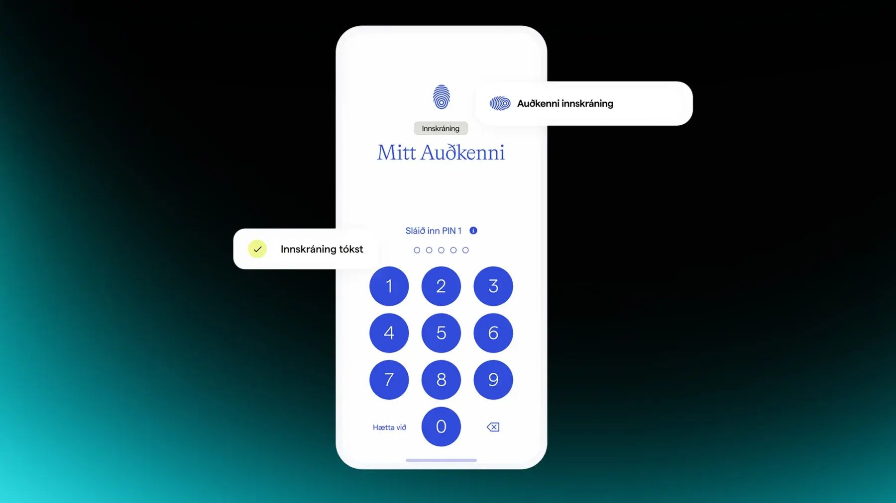 Auðkenni e-ID login screen on a phone with a PIN keypad and a successful sign-in confirmation