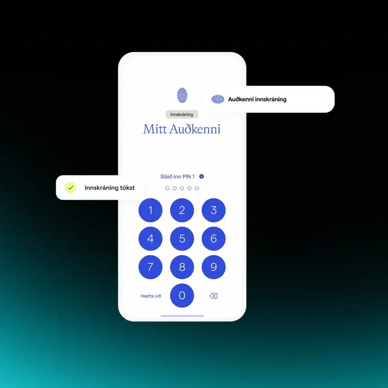 Mitt Auðkenni e-ID app sign-in with a PIN keypad used for Shopify login and age verification