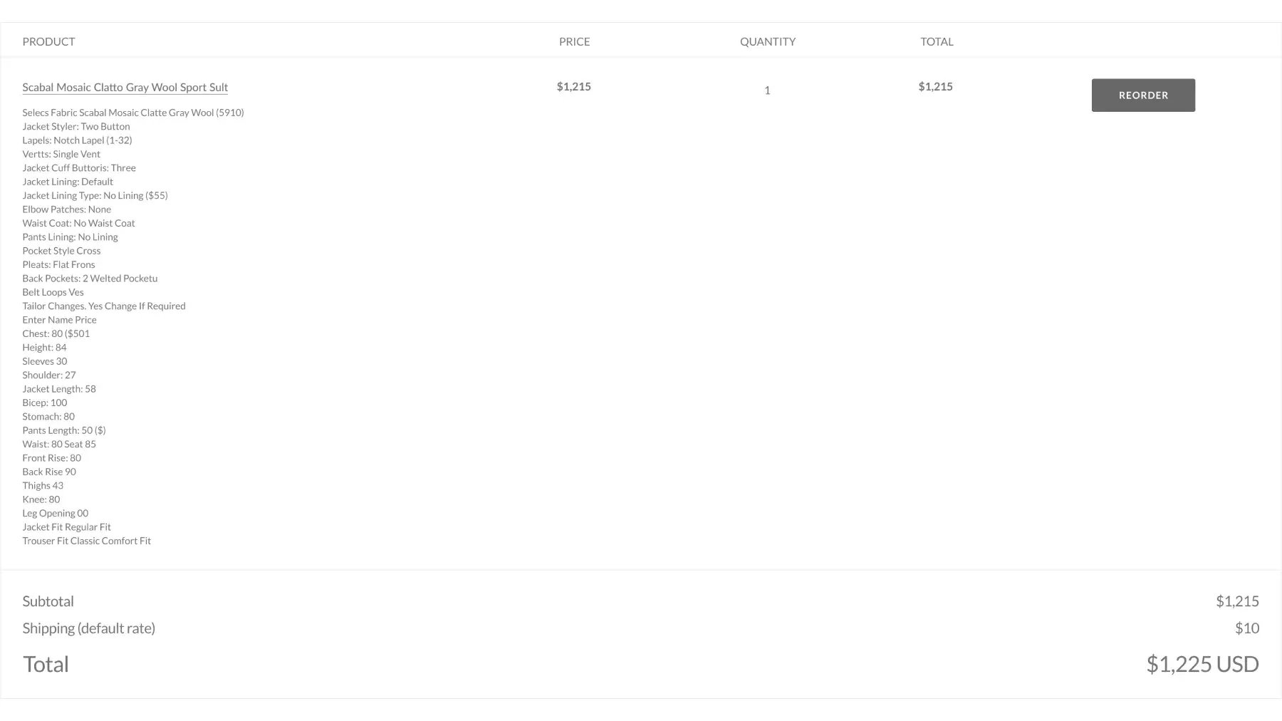 Shopify customer account order detail with a Reorder button beside a past made-to-measure suit and its saved configuration