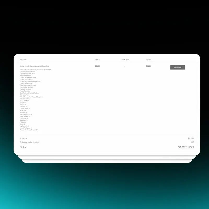 Shopify order history detail with a Reorder button next to a past made-to-measure suit order