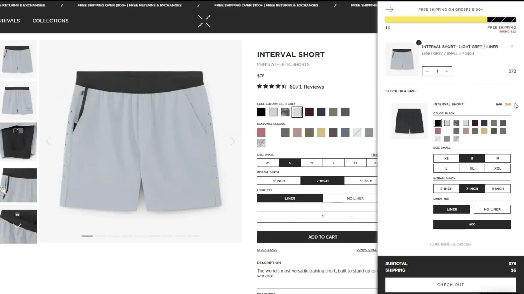 Shopify product page beside a slide-out cart with a Stock Up and Save upsell discounting a second pair of shorts to $58