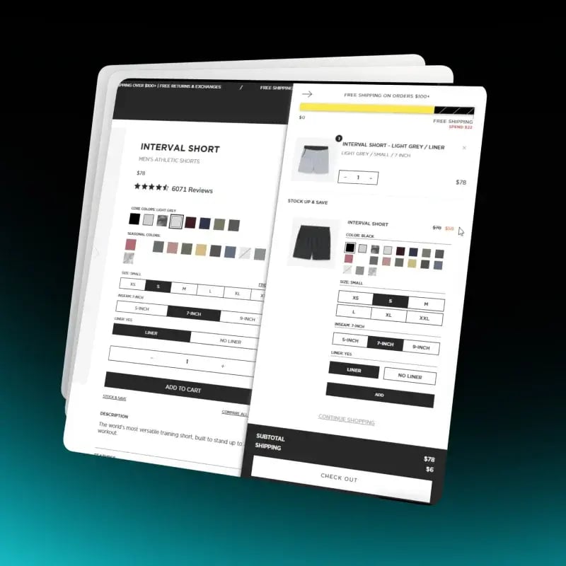 Angled Shopify cart drawer showing a Stock Up and Save upsell with a discounted second short at $58
