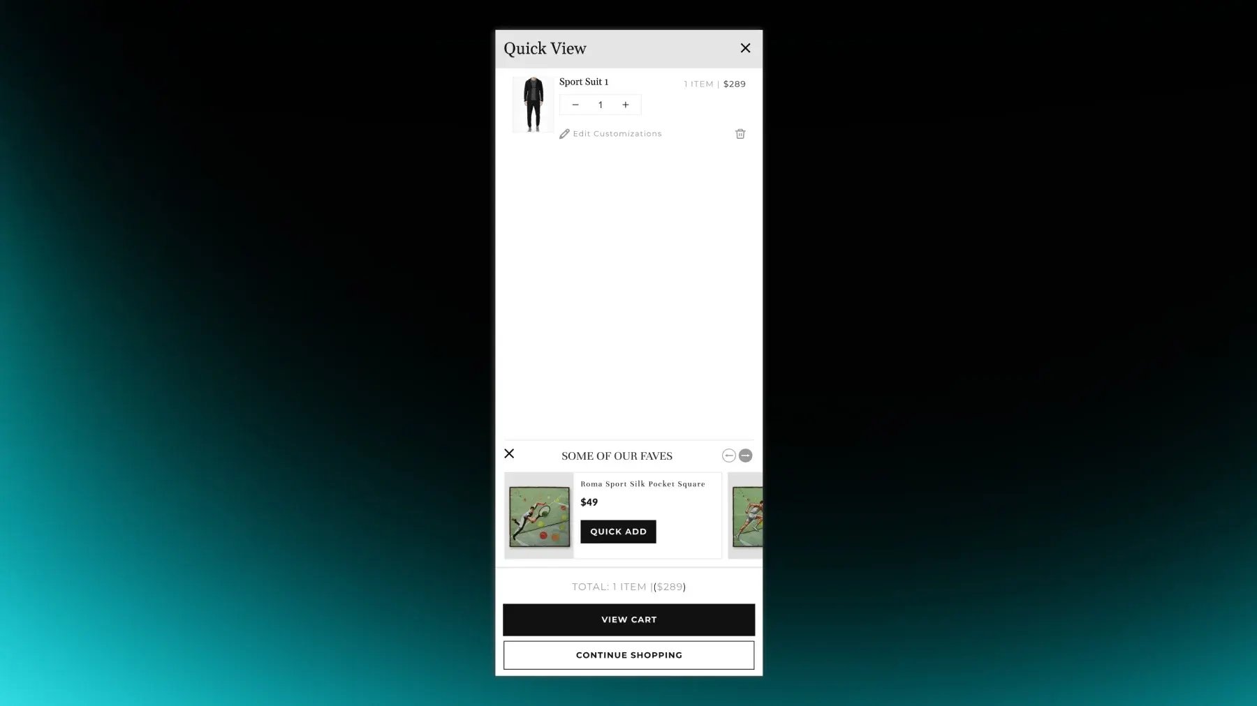 Shopify cart Quick View with an accessory upsell carousel offering a silk pocket square to quick add