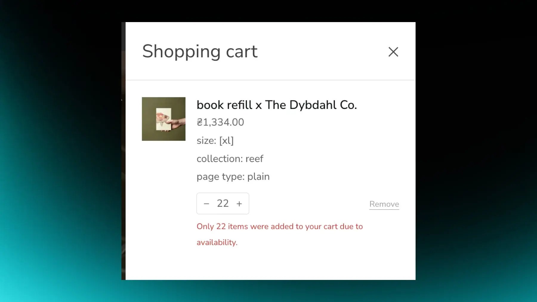 Shopify cart drawer showing a quantity capped at 22 with a clear message that only 22 items were added