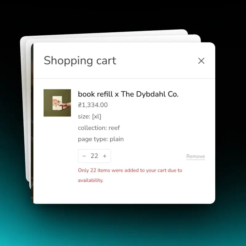 Shopify shopping cart with an add-to-cart limit message under a capped item quantity