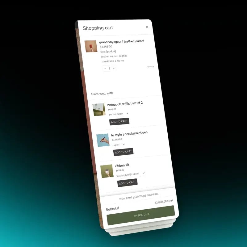Shopify shopping cart with a Pairs Well With contextual upsell listing related refills and accessories