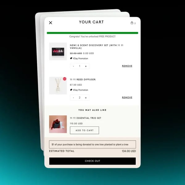 Shopify cart drawer showing a free gift-with-purchase promotion unlocked and tagged on cart items