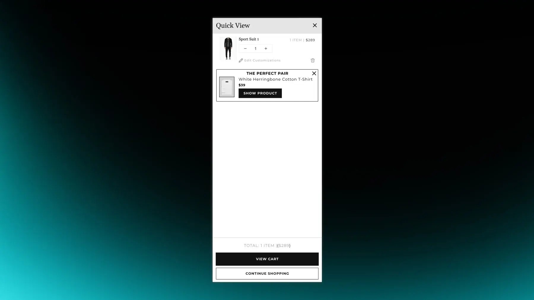 Shopify cart Quick View with a The Perfect Pair upsell suggesting a matching shirt for a suit in the cart