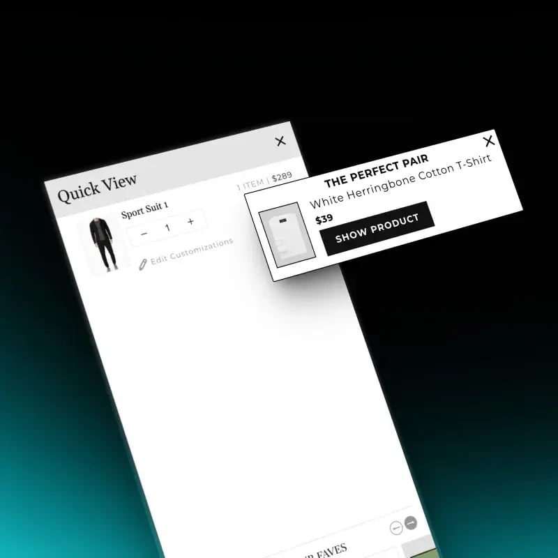 Shopify cart drawer showing a The Perfect Pair shirt upsell beside a sport suit line item