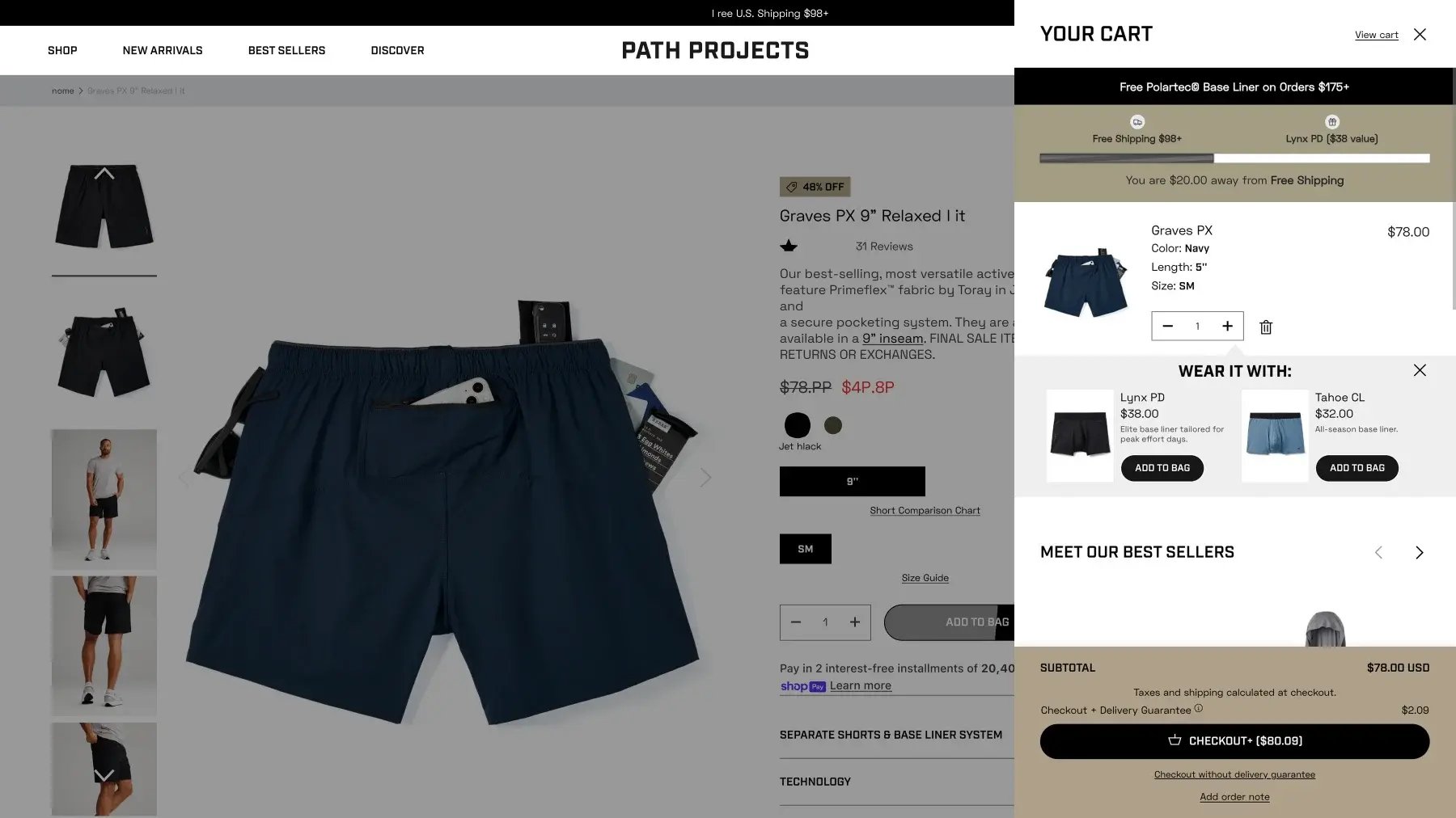 Shopify smart cart upsell suggesting matching base liners under a running shorts product in the cart drawer