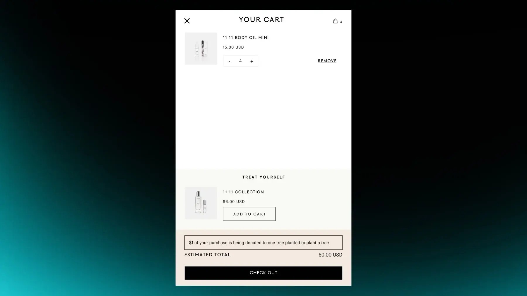 Shopify cart drawer with a Treat Yourself upsell recommending a premium set based on the current cart total