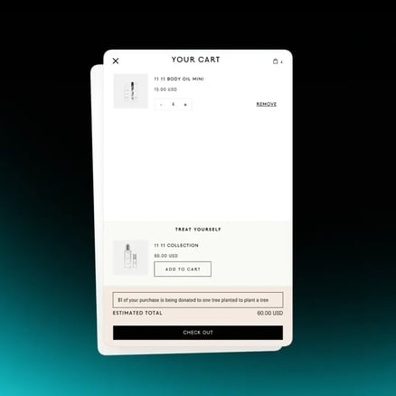 Shopify cart drawer showing a Treat Yourself in-cart upsell block above the estimated total
