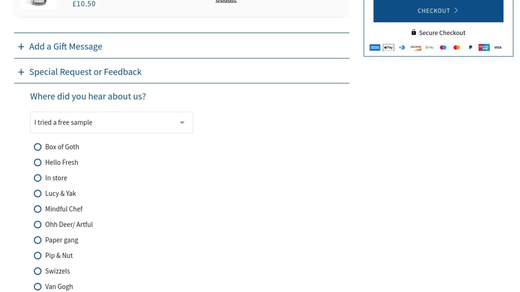 Shopify cart showing a 'Where did you hear about us?' dropdown with partner brand options above the checkout button