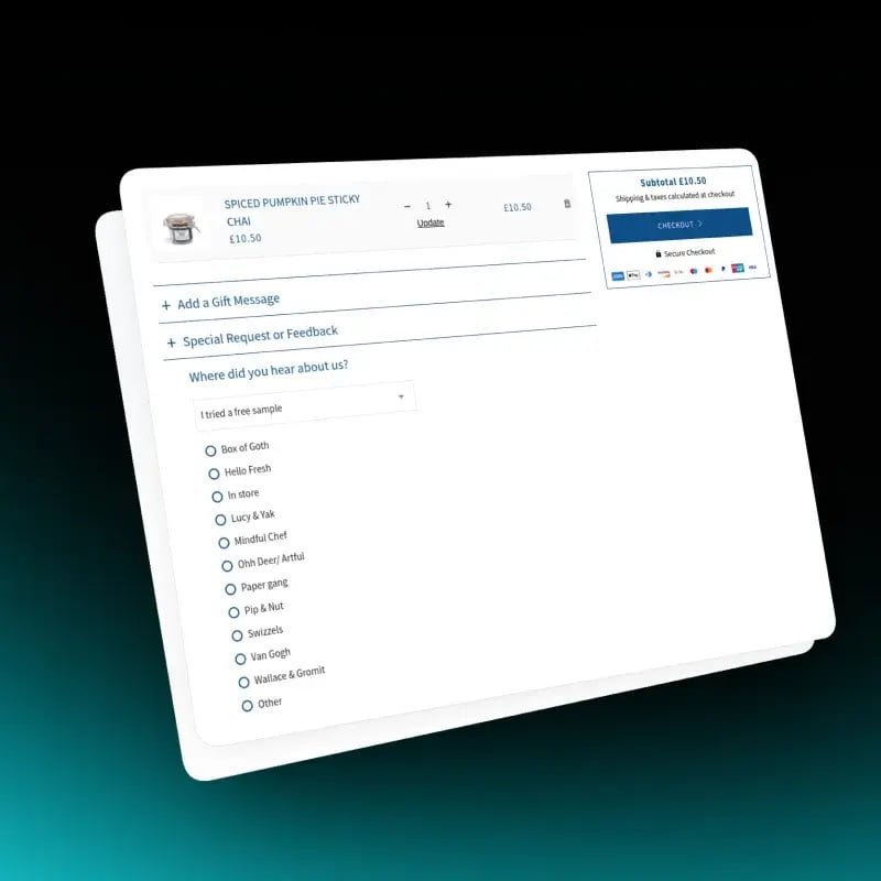 Angled Shopify cart survey card capturing how a shopper heard about the brand