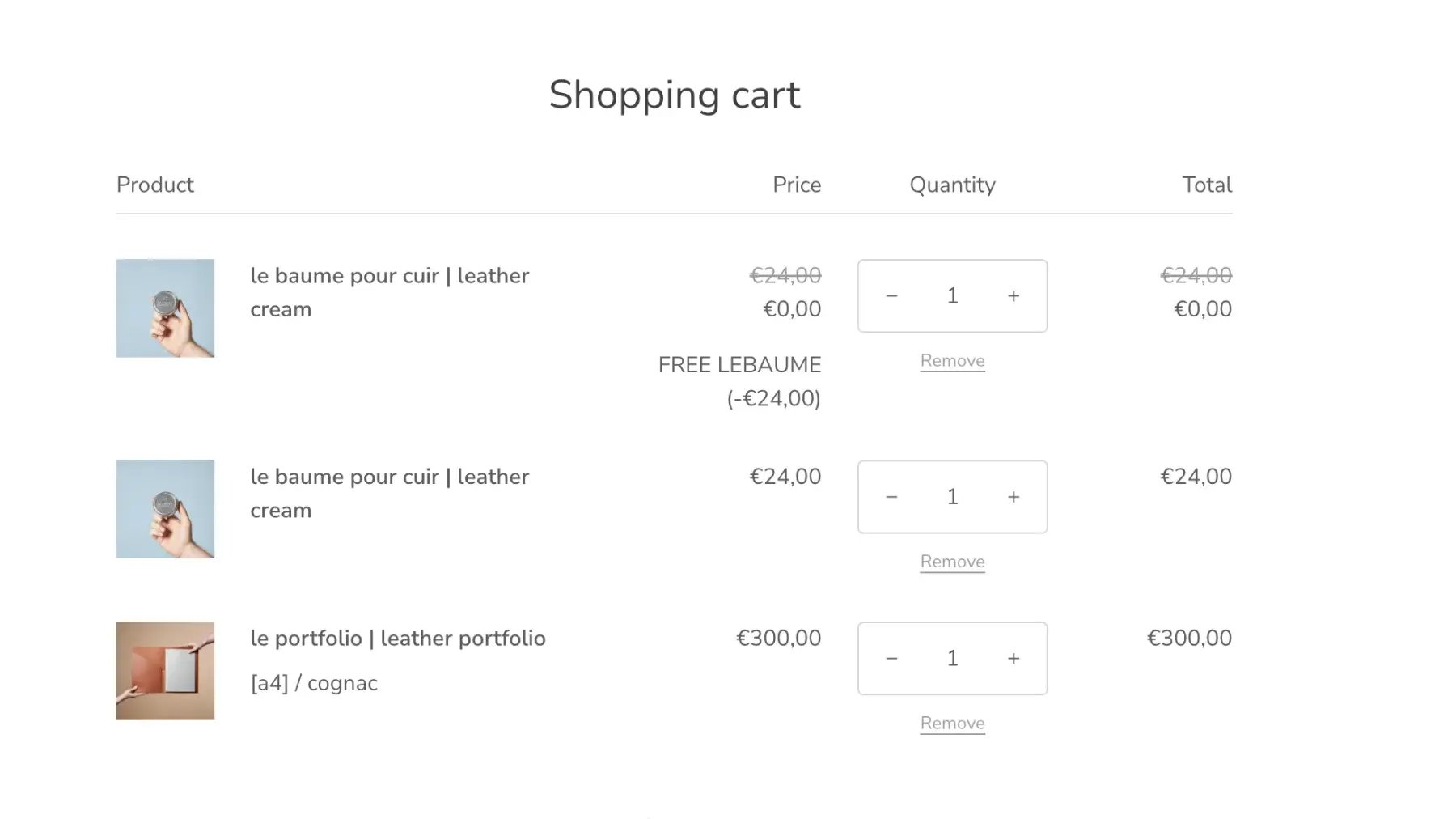 Shopify cart where leather cream drops to zero as a free gift beside a qualifying leather portfolio