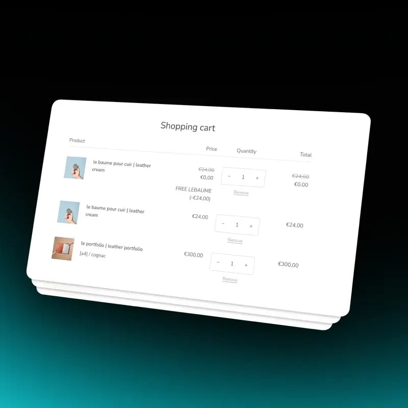 Shopify shopping cart showing a free leather cream gift discounted to zero next to a portfolio