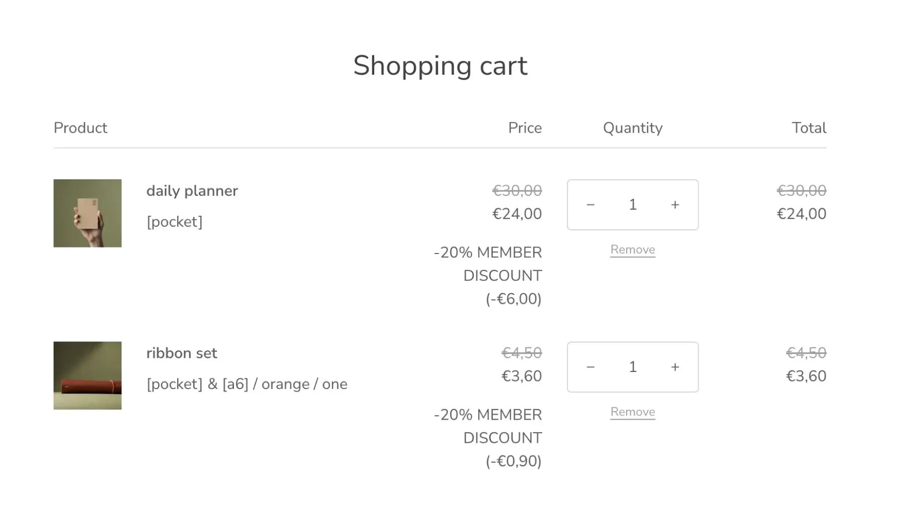 Shopify shopping cart with an automatic 20% member discount applied to a planner and a ribbon set