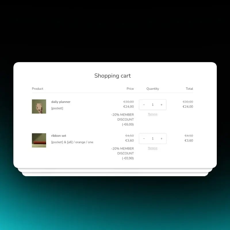 Shopify cart showing an automatic member discount with original prices struck through on two items