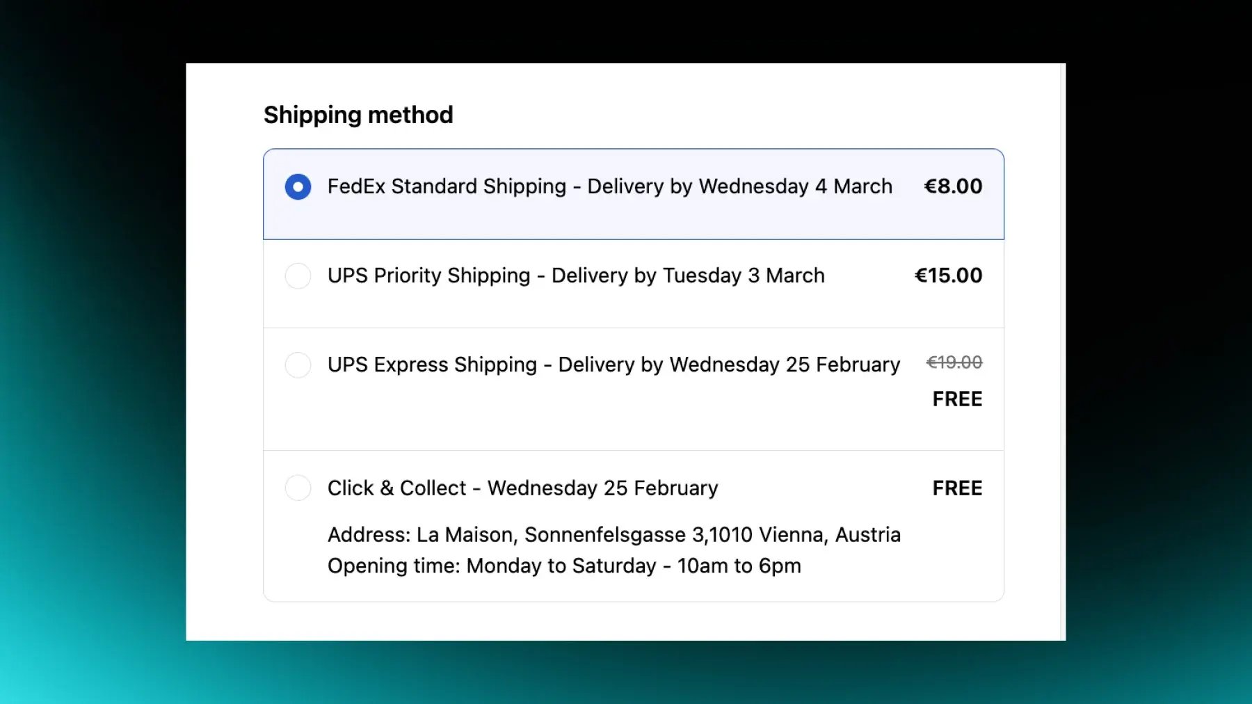 Shopify checkout shipping method step with dynamic per-option delivery dates and a click and collect choice