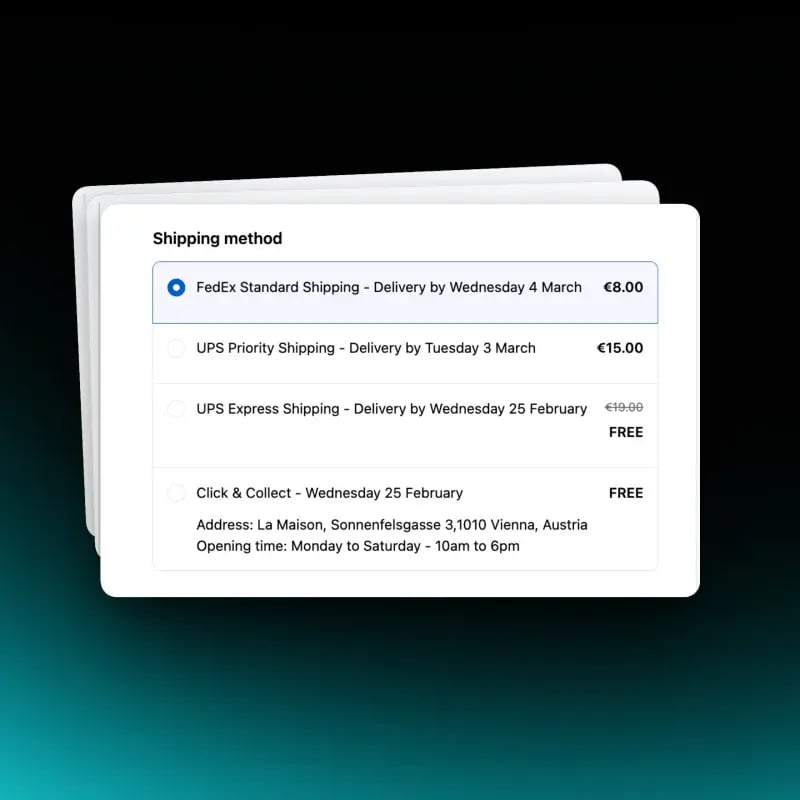 Shopify checkout shipping methods showing dynamic delivery dates for FedEx, UPS and click and collect