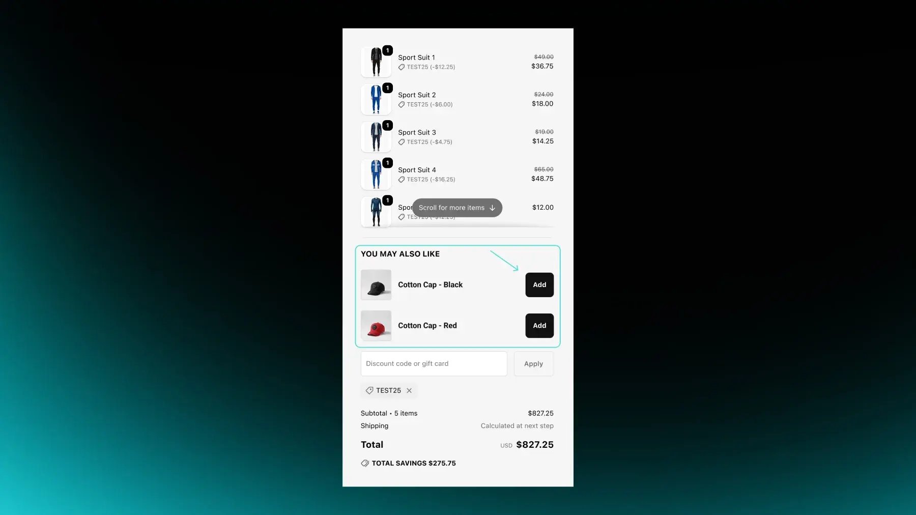 Shopify checkout order summary with a You May Also Like upsell offering two cotton caps to add