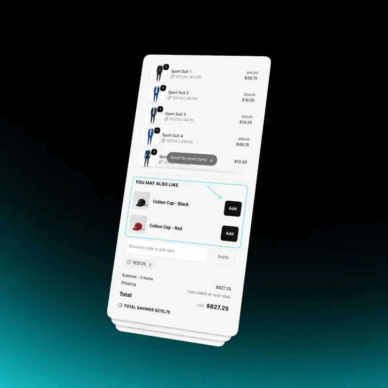 Shopify one-page checkout with a You May Also Like upsell block below the order summary