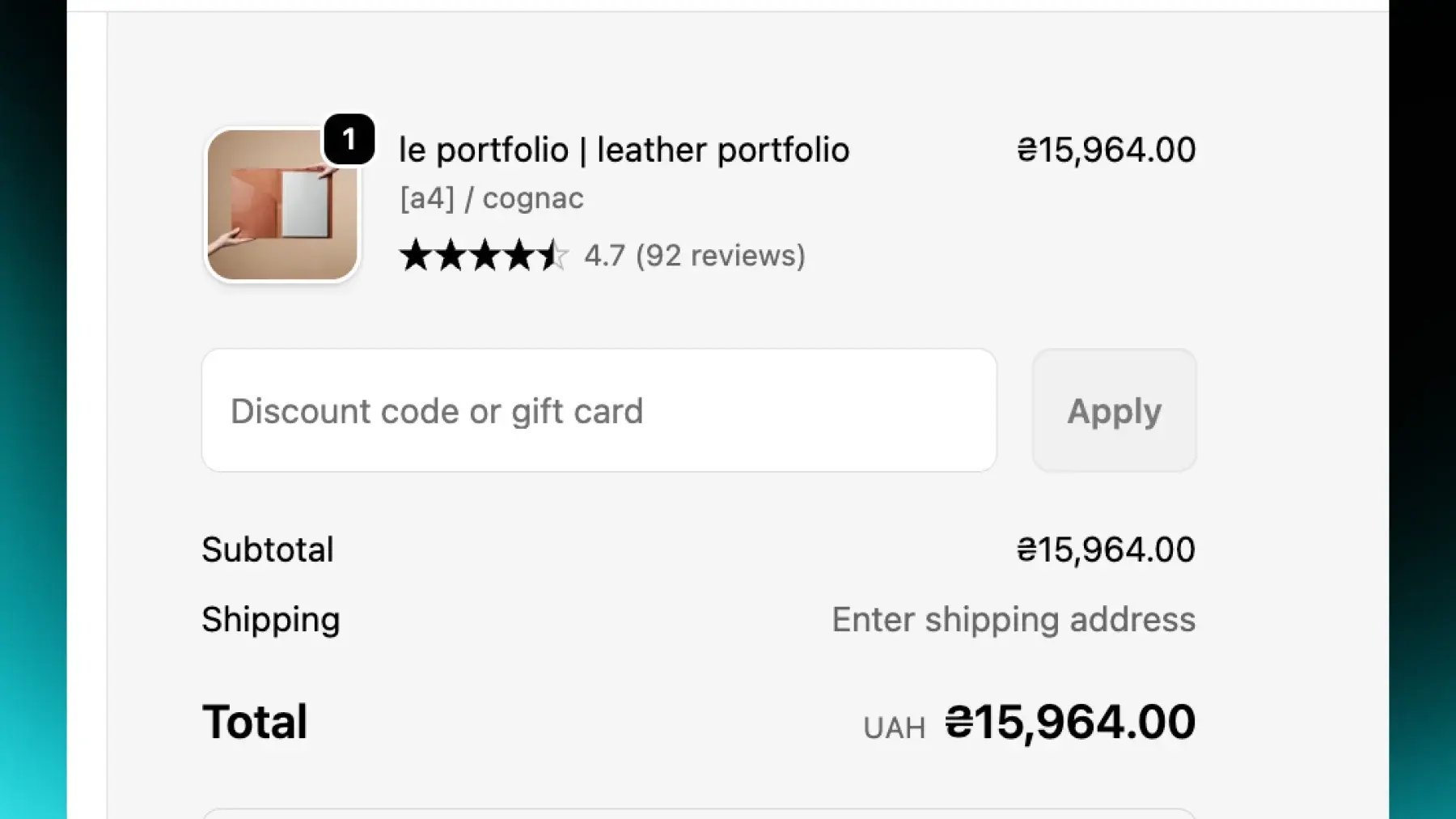 Shopify checkout summary showing a product with a 4.7 star rating and review count above the total