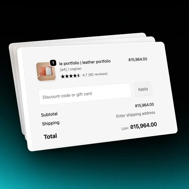 Shopify checkout line item with a star rating and review count shown under the product name