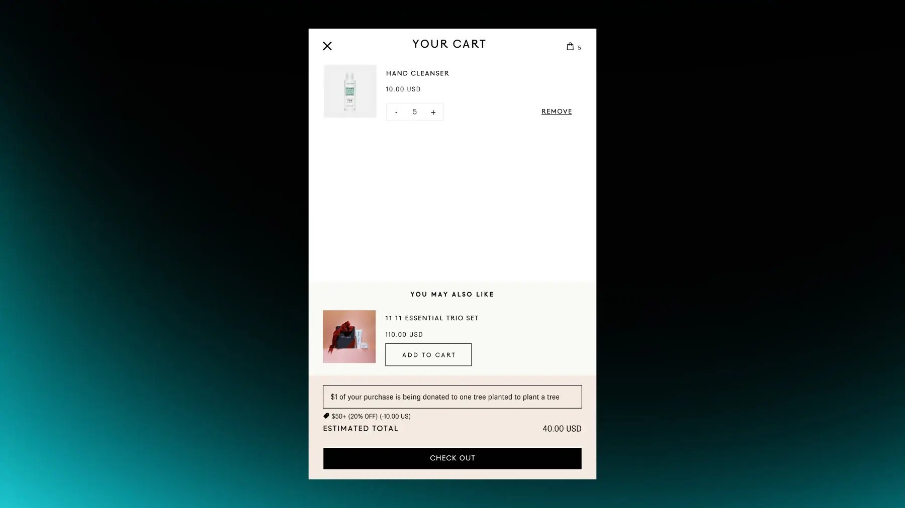 Shopify cart with a spend-based tiered discount applied: orders over $50 get 20% off, shown above the estimated total