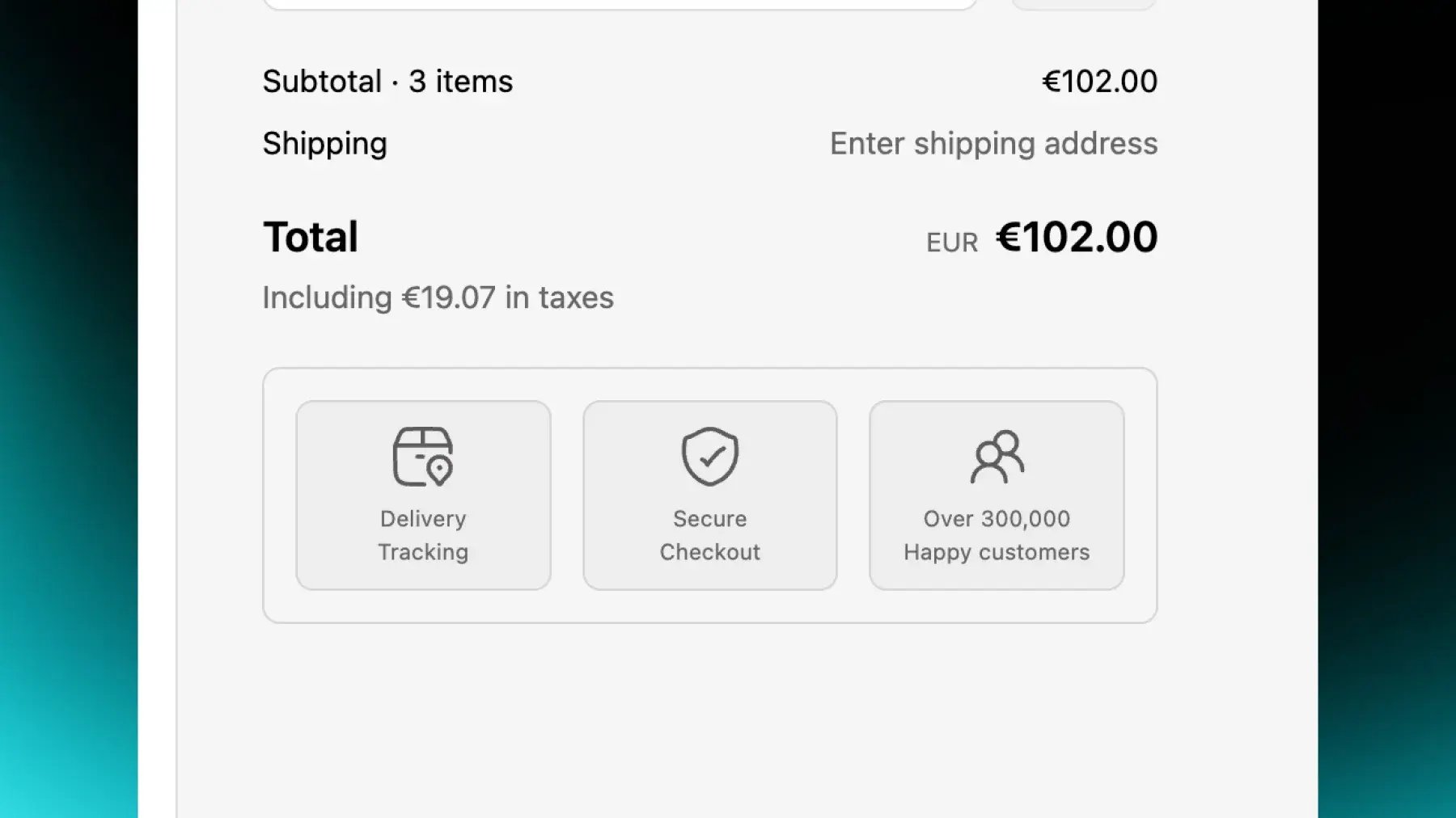 Shopify checkout order summary with trust badges for delivery tracking, secure checkout and happy customers