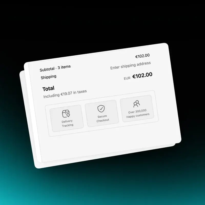 Shopify checkout total with a row of trust icons for secure checkout, delivery tracking and social proof