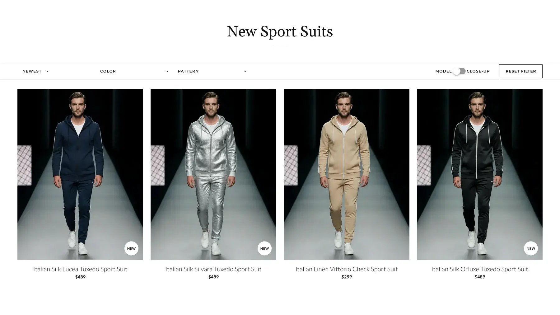 Shopify collection page with a model and close-up toggle above a grid of sport suit cards on models