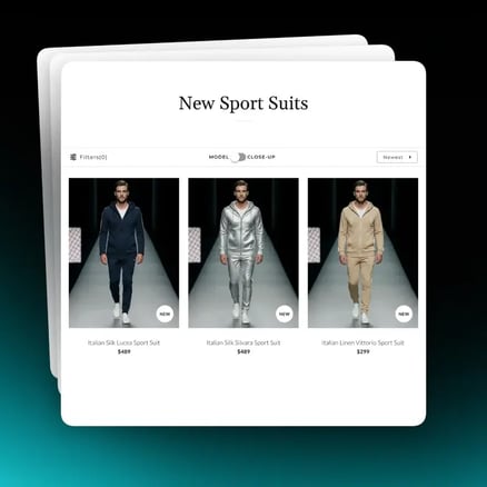 Shopify collection page product grid with a model and close-up image toggle for sport suits