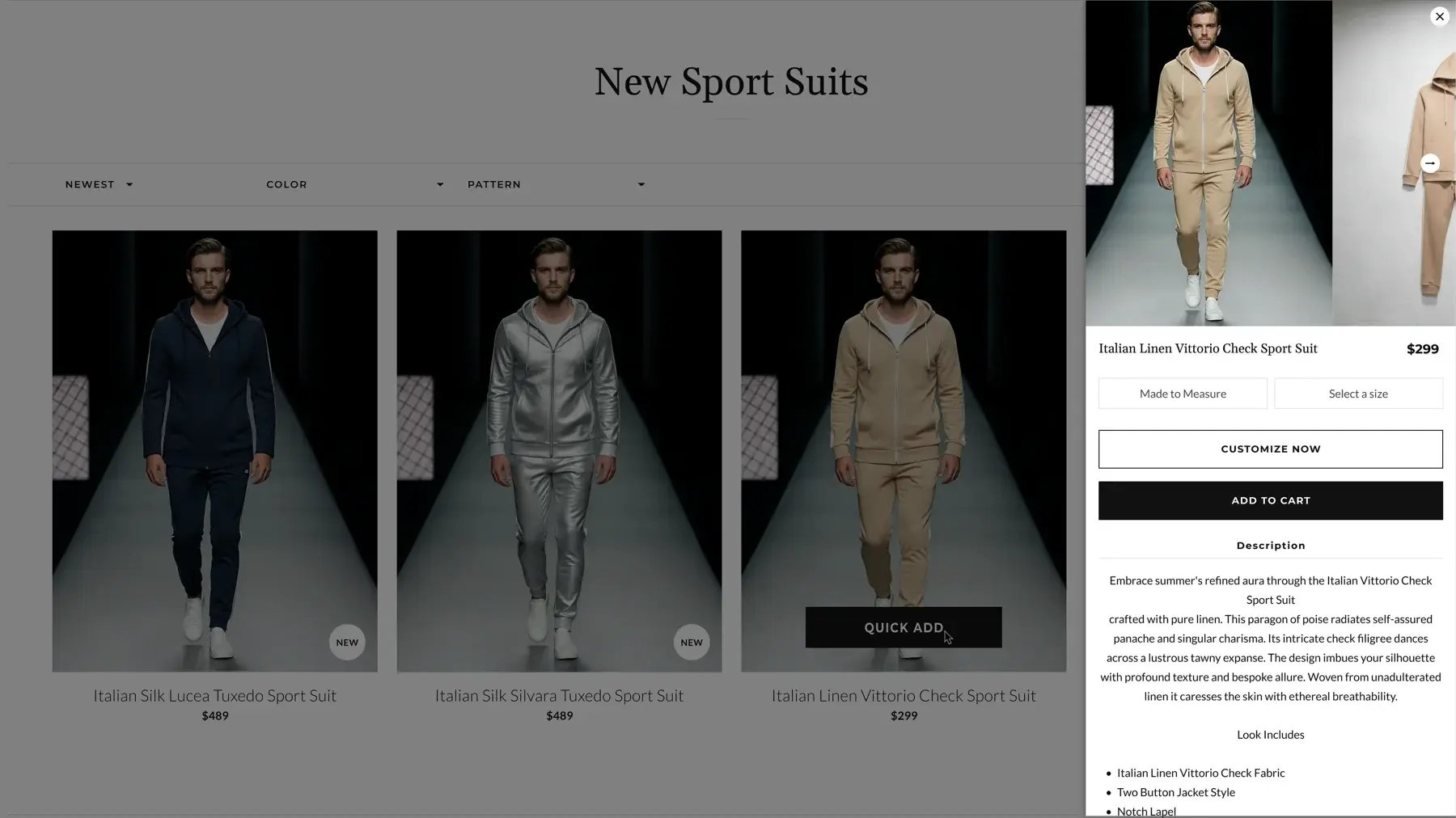 Shopify collection page with a quick add slide-out showing a sport suit price, size and options