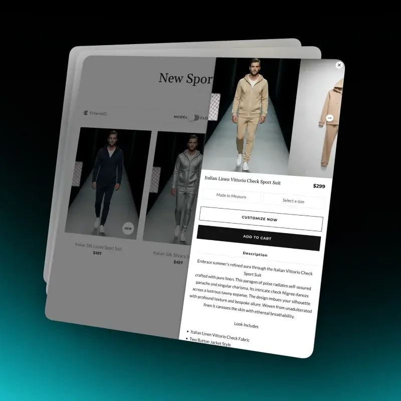 Shopify collection grid with a quick add slide-out panel open for a sport suit beside the cards