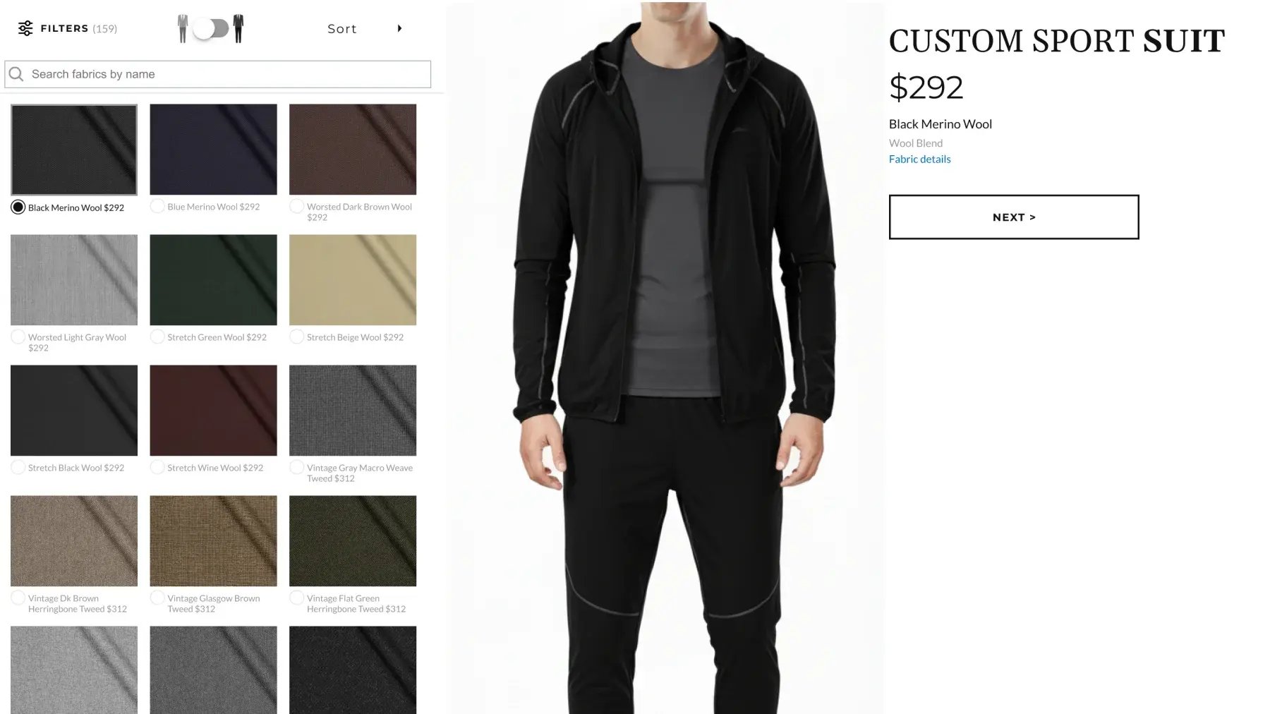 Shopify product configurator on the fabric step, with a wool swatch grid beside a model in a custom sport suit