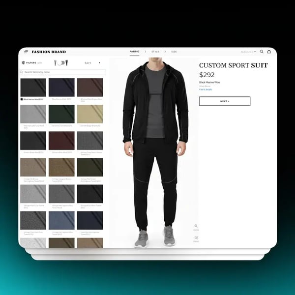 Shopify product configurator showing fabric, style and size steps for a custom sport suit