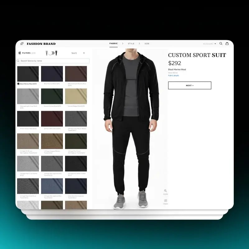 Shopify product configurator showing fabric, style and size steps for a custom sport suit