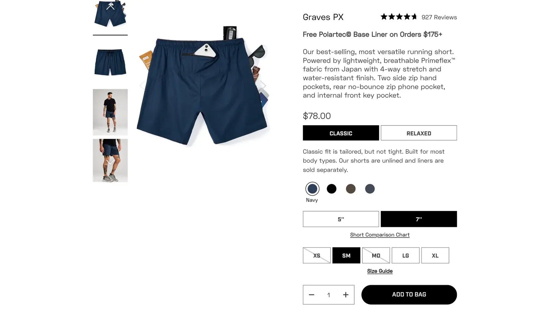 Shopify running shorts product page with fit, length, color and size options on a single page
