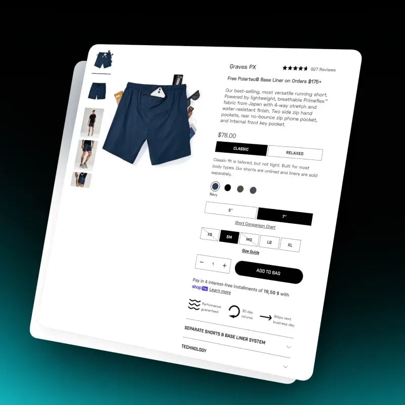 Shopify shorts product page showing four option levels: classic or relaxed fit, length, color and size