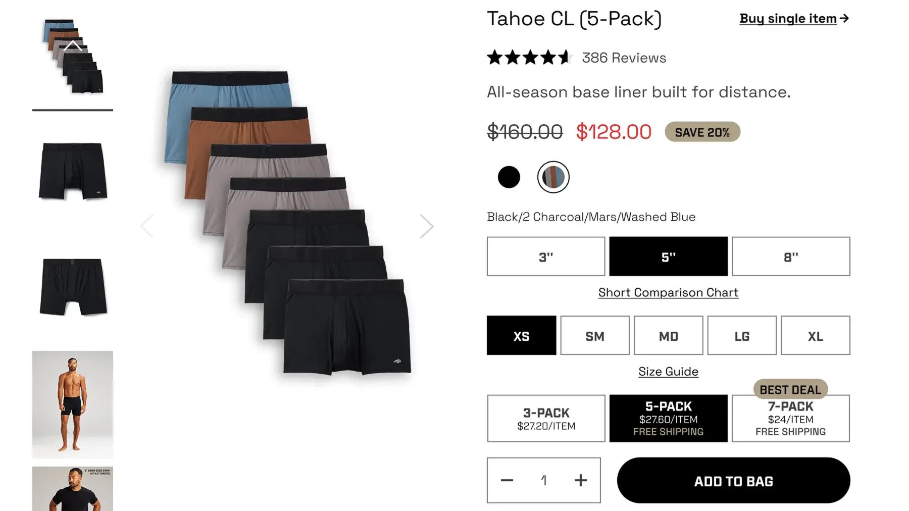 Shopify multi-pack product page offering 3, 5 and 7-pack options with a custom color combination for base liners