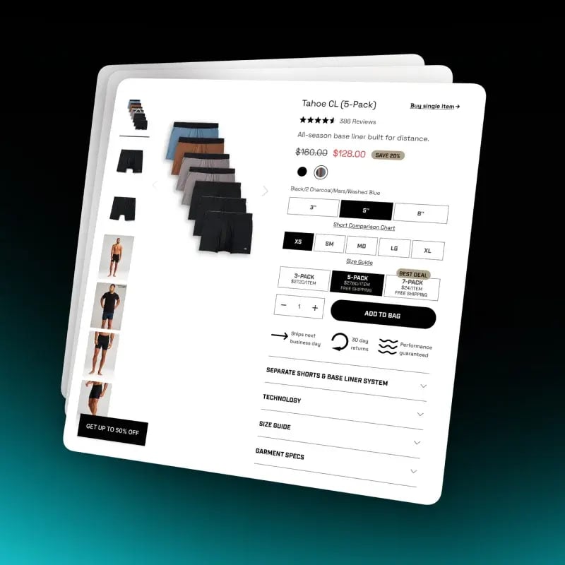 Shopify multi-pack base liner page with 3, 5 and 7-pack pricing and per-item color selection