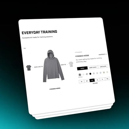 Shopify build-your-own-kit bundle page showing an Everyday Training apparel kit with product, color and size options