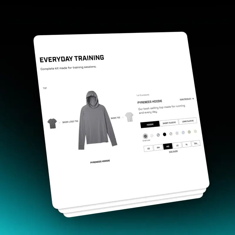 Shopify build-your-own-kit bundle page showing an Everyday Training apparel kit with product, color and size options
