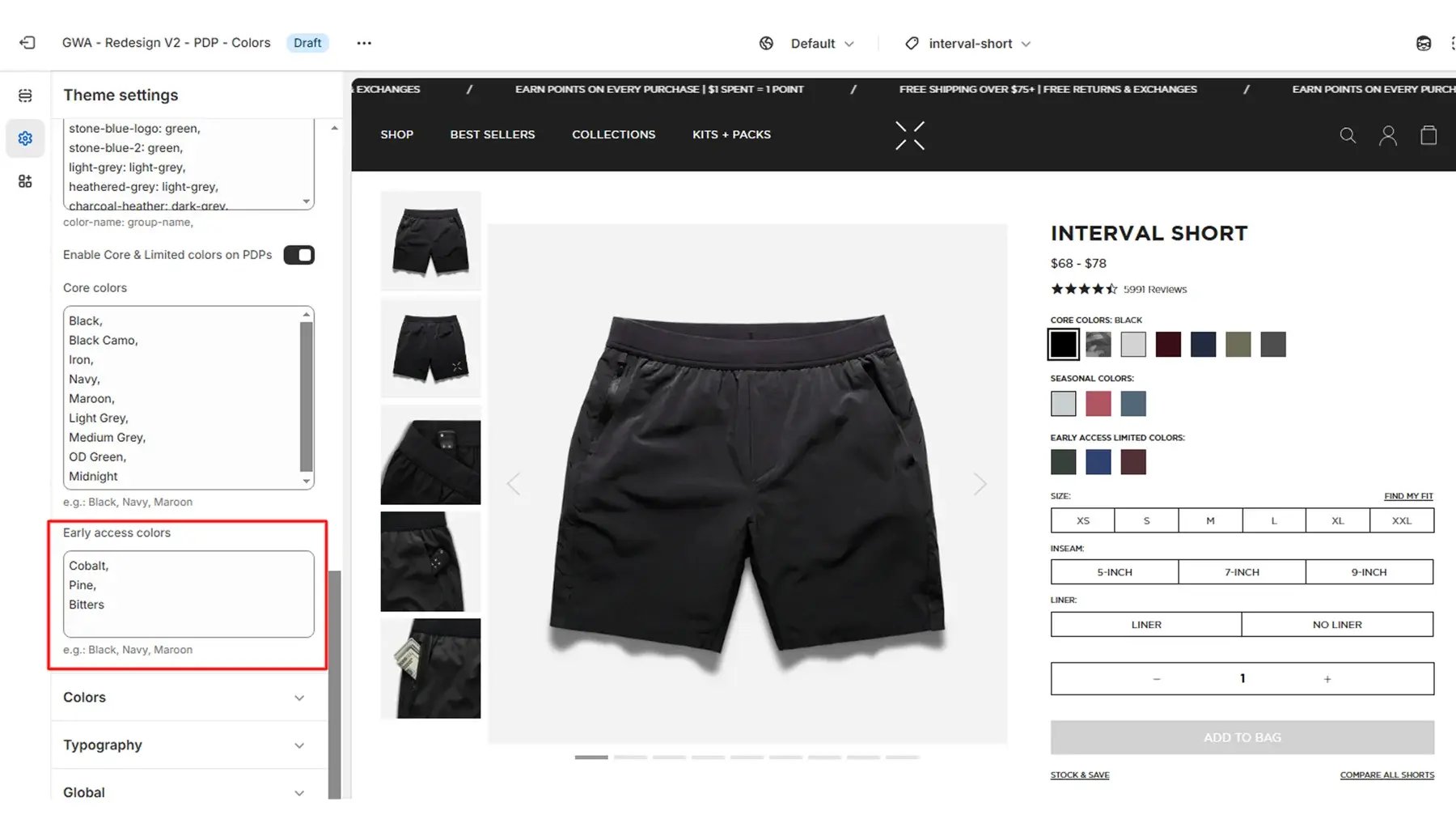 Shopify PDP with an Early Access Limited Colors row of swatches beside the theme editor field that controls it