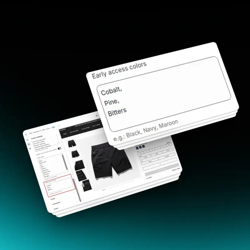 Shopify theme setting that defines an Early Access color row, layered over the product page it controls