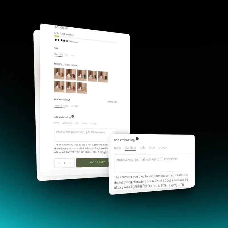 Shopify leather journal product page showing an add embossing field with style and color options