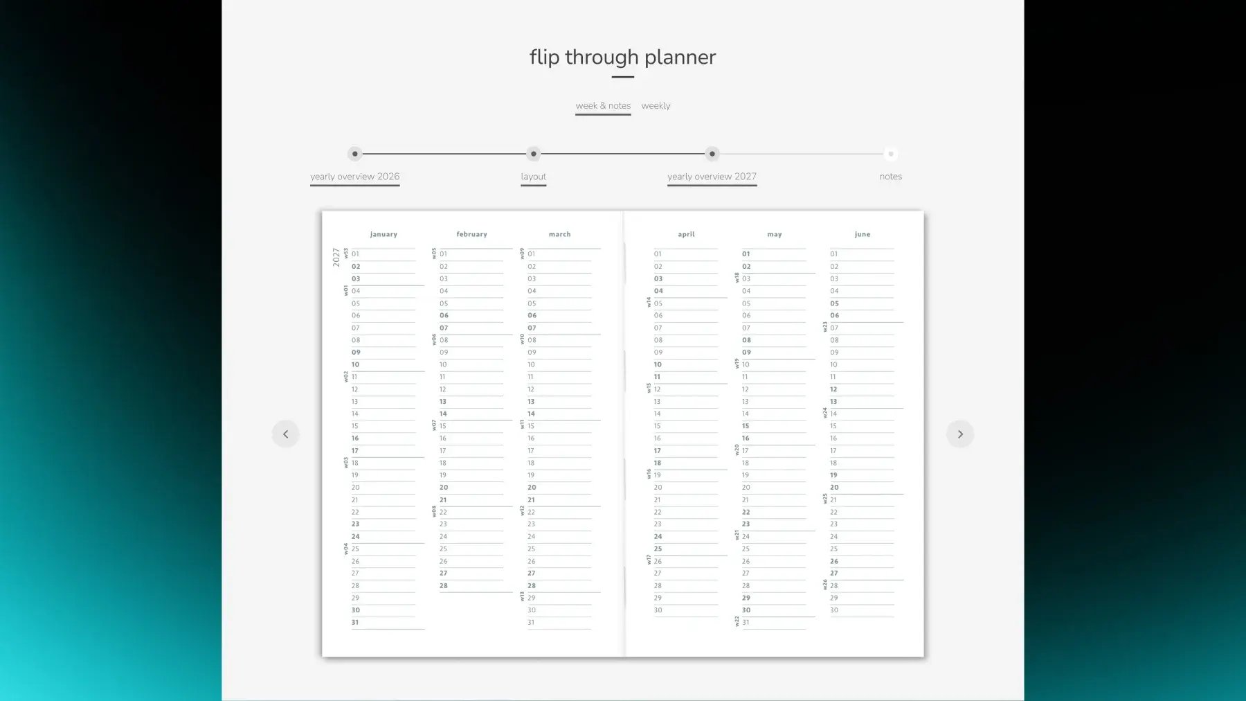 Shopify product page flipbook letting shoppers flip through a planner's monthly spread before buying