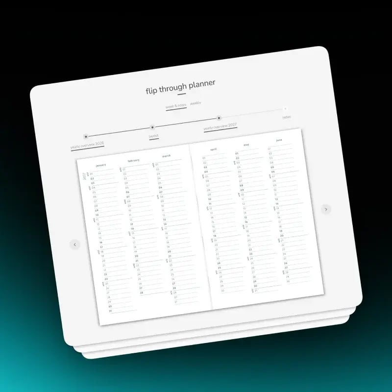 Shopify product page with an interactive flipbook showing a planner's inside pages and section nav
