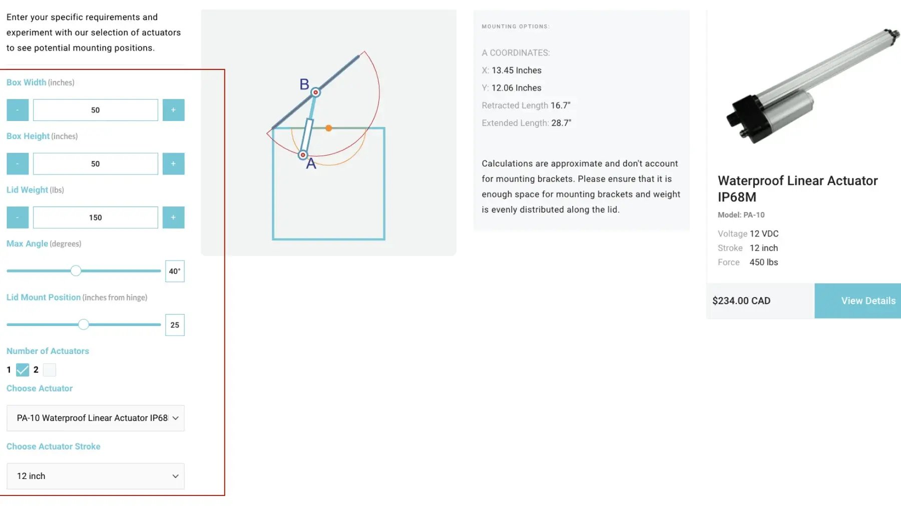 Shopify linear actuator sizing calculator with a lid-angle diagram, input fields, and a recommended Waterproof IP68M actuator